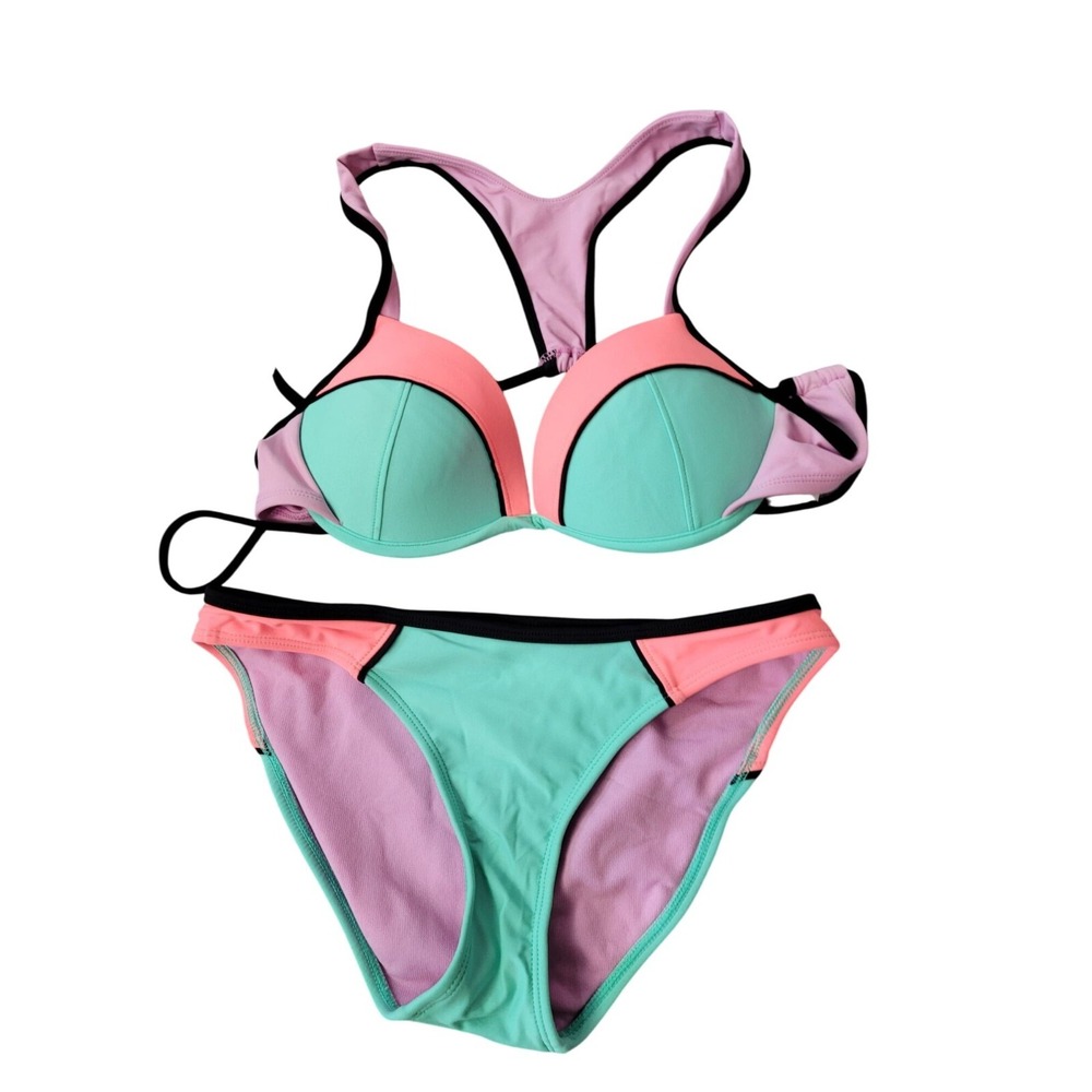 Vintage Y2K Bikini Swim S/M Colorblock Padded Top Racerback Mint Green Pink